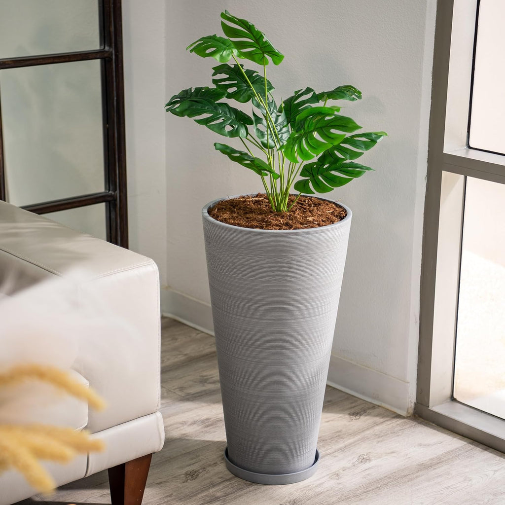XBrand Modern 28-Inch Tall Round Planter, Modern Tapered Planter Perfect for Indoor & Outdoor Planter, Patio Décor, Gray