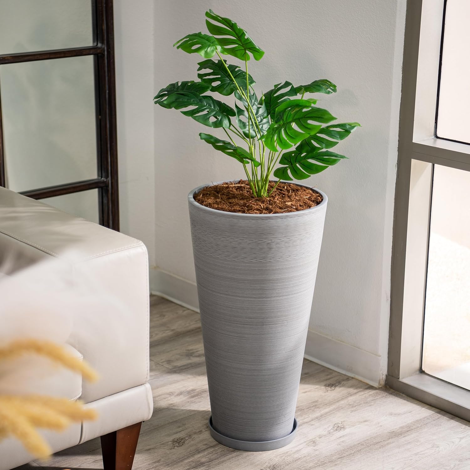XBrand Modern 28-Inch Tall Round Planter, Modern Tapered Planter Perfect for Indoor & Outdoor Planter, Patio Décor, Gray