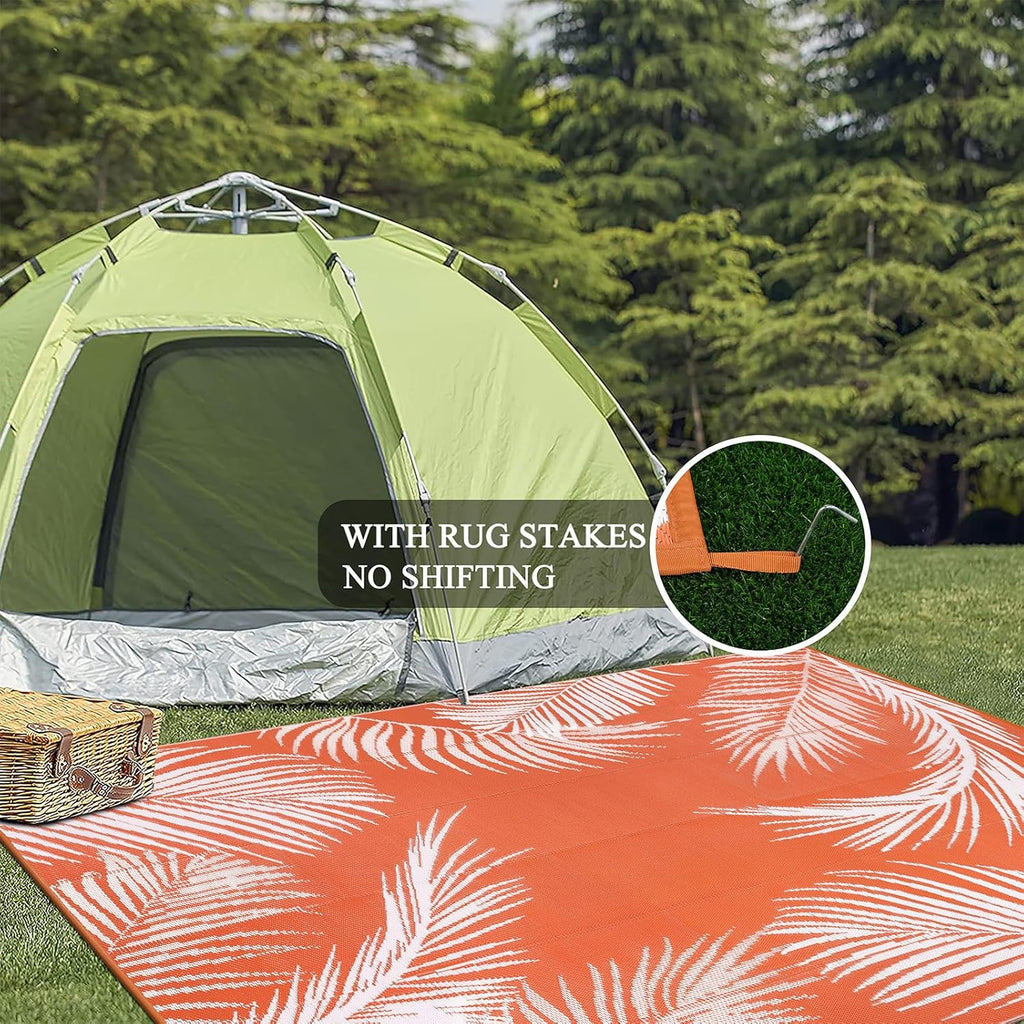 Pauwer Waterproof Outdoor Rug 8x10, Reversible Plastic Straw Patio Camping Rug, Indoor Outdoor RV Mat Carpet for Deck, Camper, Porch, Balcony, Backyard, Picnic, Leaf Orange