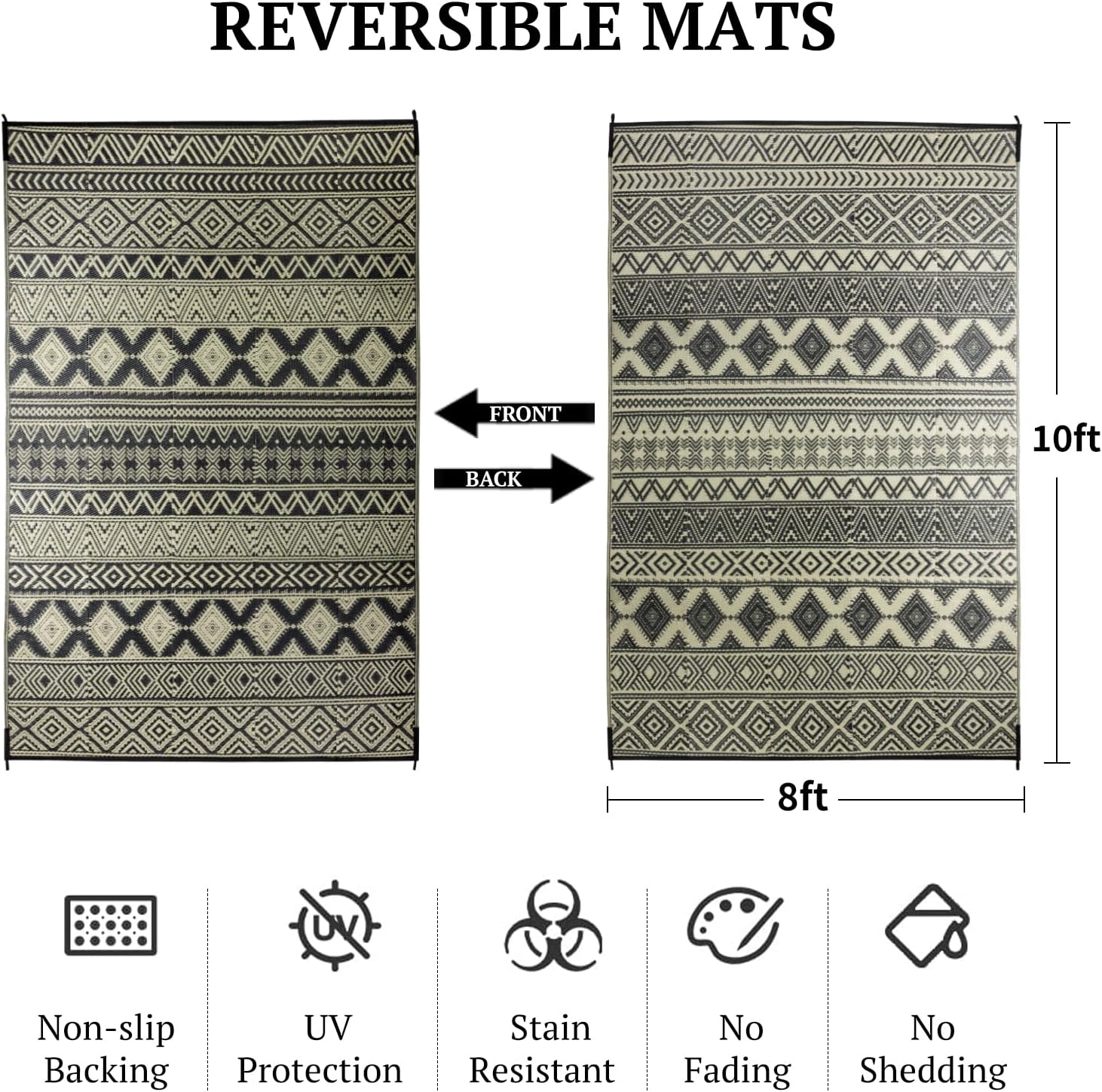 8'x10' Plastic Outdoor Rug - Plastic Straw Rug-Heavy-Duty Waterproof Mat, UV & Fade Resistant for Patio, Camping, RV, Deck, Balcony(8x10,Black&Beige)