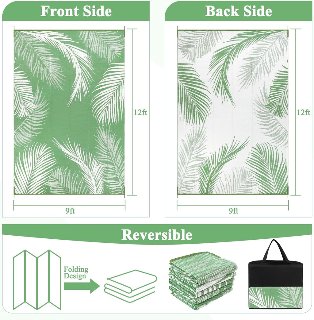 Pauwer Waterproof Outdoor Rug 9x12, Reversible Plastic Straw Patio Camping Rug, Indoor Outdoor RV Mat Carpet for Deck, Camper, Porch, Balcony, Backyard, Picnic, Leaf Green