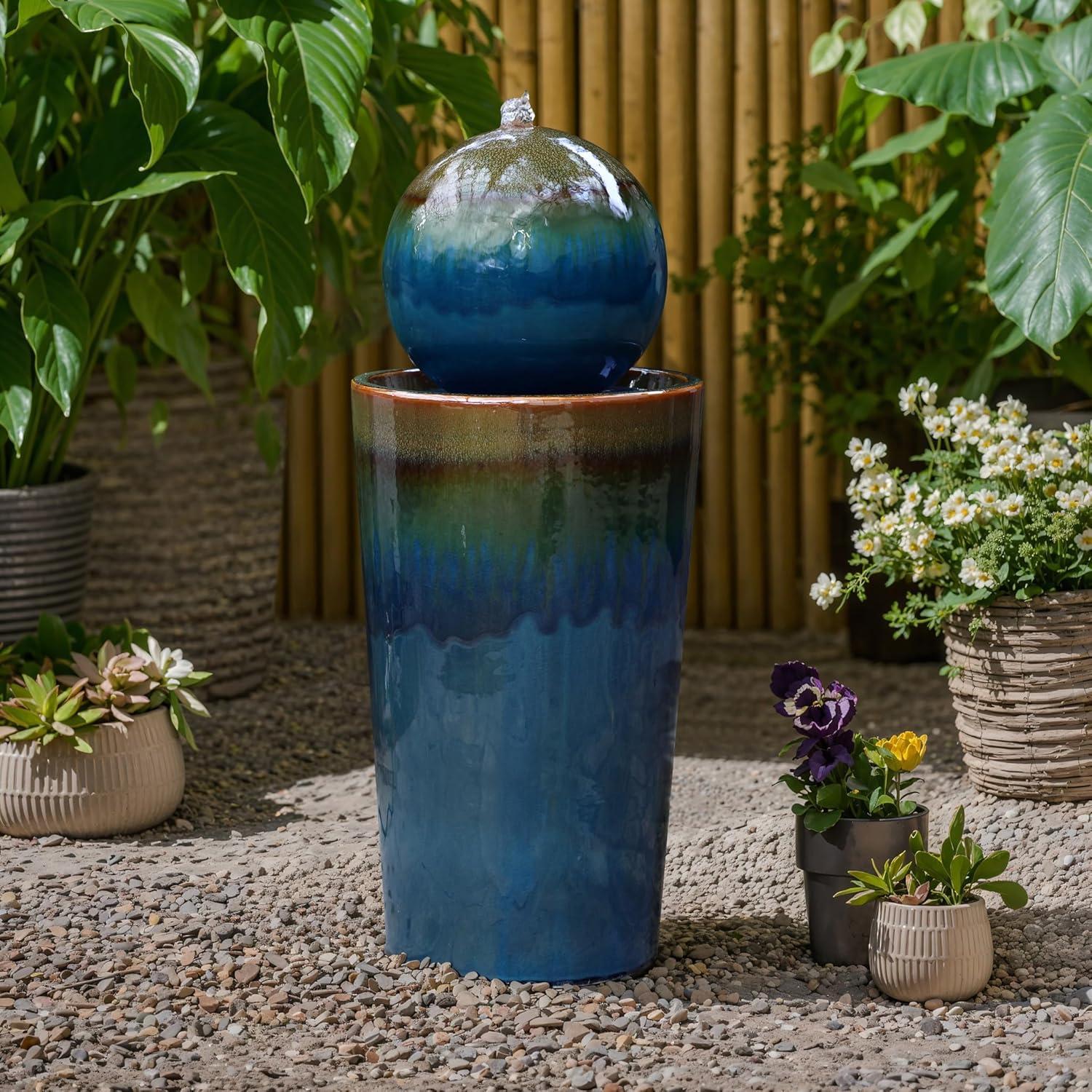 LuxenHome 30" Water Fountain Outdoor and Indoor, Glazed Blue Bubbling Sphere Ceramic Garden Outdoor Water Fountain, Elegant Modern Waterfall Garden Decor for Patio, Lawn, and Backyard