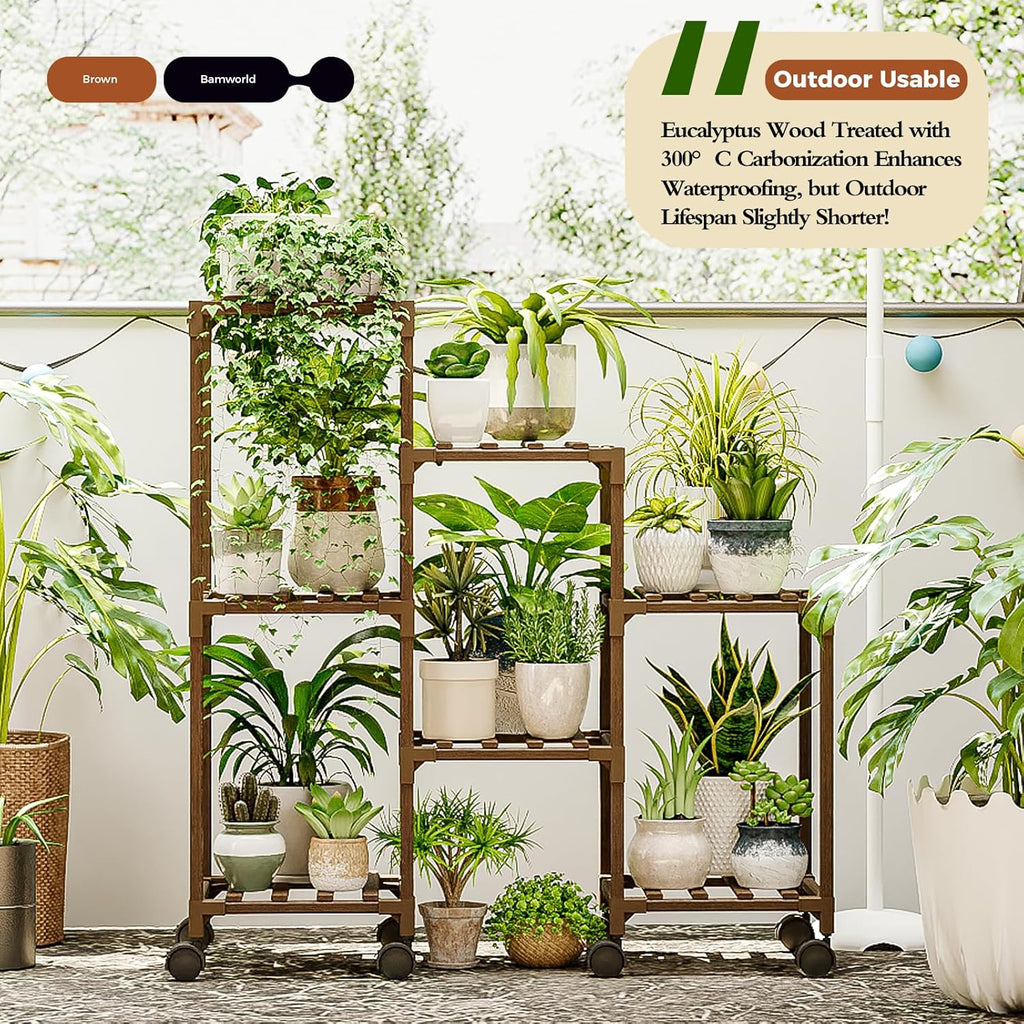 Bamworld Plant Stand with Wheels for Indoor Plants Wood Outdoor Tiered Shelf 3 Tire 7 Potted Ladder Plant Holder Table Pot Stand for Window Garden Balcony Patio Living Room (natureDL)