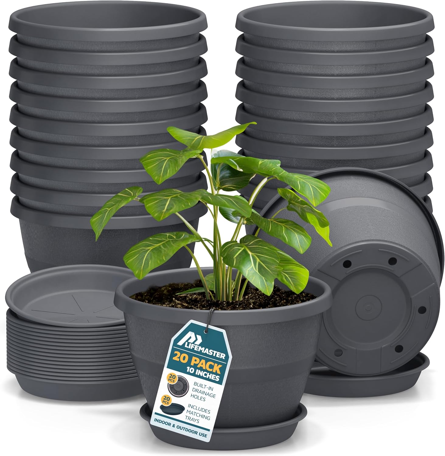 10-Inch Whiskey Barrel Planters Outdoor Pack of 20 - Durable Plastic Plant Pots for Indoor & Outdoor Use with Drainage & Saucer, Lightweight Rustic Barrel Planters for Flowers, Herbs & Small Plants