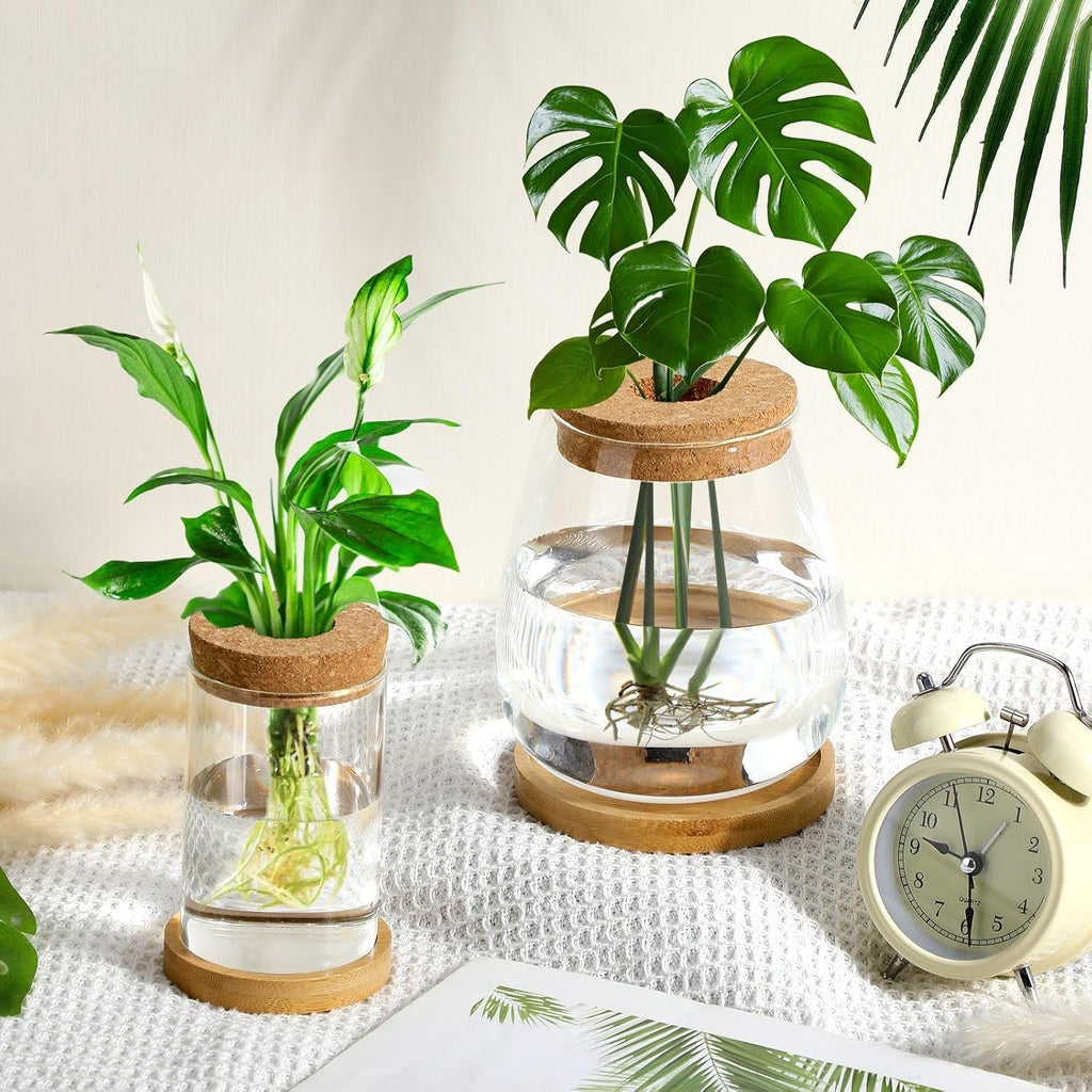 Layhit 4 Pcs Plants Propagation Stations vases Glass Planters with Wooden Lid and Bamboo Stand for Hydroponic Plants Gardening Gifts for Women Mom Home Office Tabletop Decoration(Classic Style)