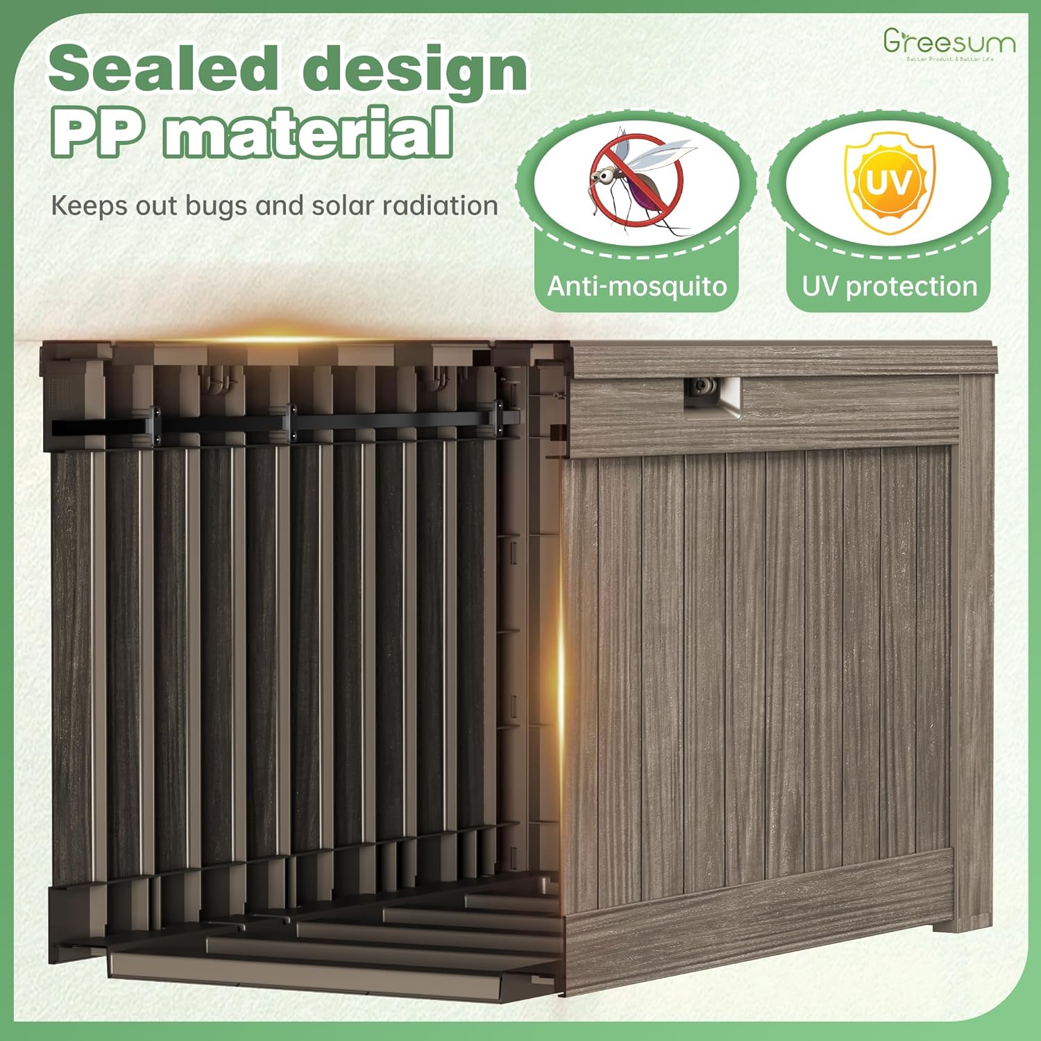 Greesum 120 Gallon Outdoor Storage Box with Lock - Large Resin Deck Box, Reinforced Lid for Garden, Patio, Lawn, Coffee