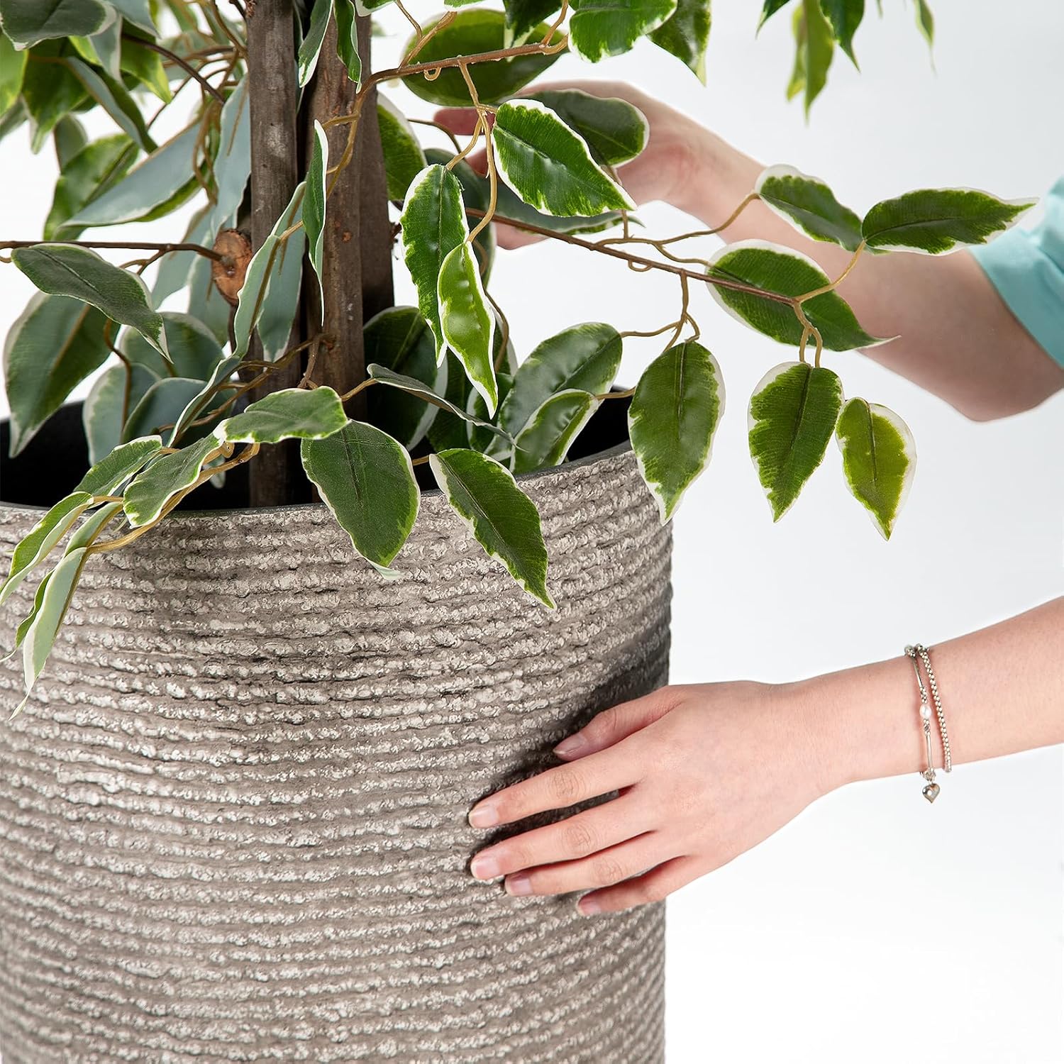 QCQHDU Set of 2 Oversized 9 Gallon Round Planters for Front Door & Patio - 12x21 Inch Tall Outdoor/Indoor Plant Pots with Drainage Tray, Gray Faux Stone Textured Tree Planters for Porch Decor