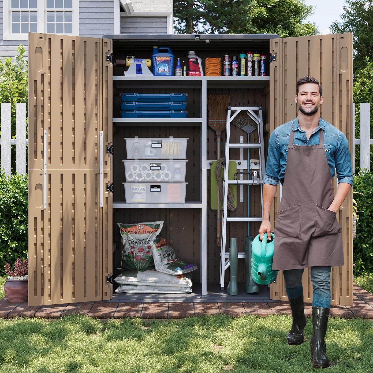 Aoxun Outdoor Storage Shed with Floor, 64 Cu.Ft Large Outdoor Storage Cabinet, Waterproof Vertical Resin Shed for Garden Tools, Pool Equipment, Brown