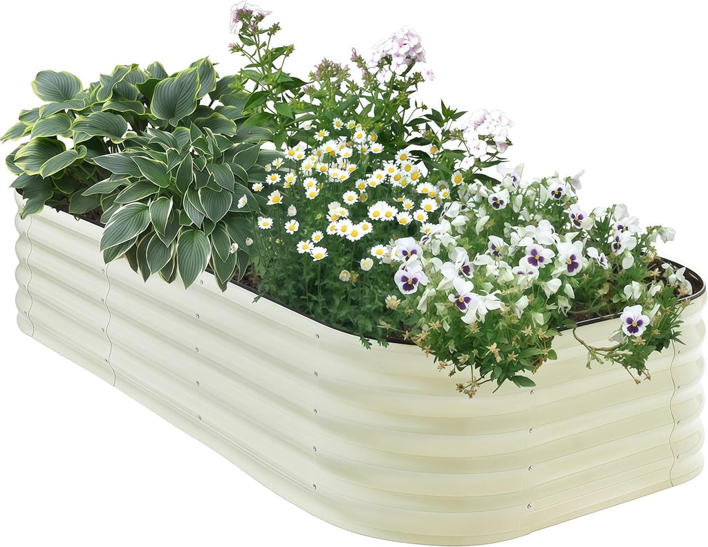 Galvanized Steel Raised Garden Bed 8x2ft Oval - 17" Tall 9-in-1 Modular Planter Box for Vegetables/Flowers, Rust-Proof Metal Outdoor Planters Rubber Edging (White)