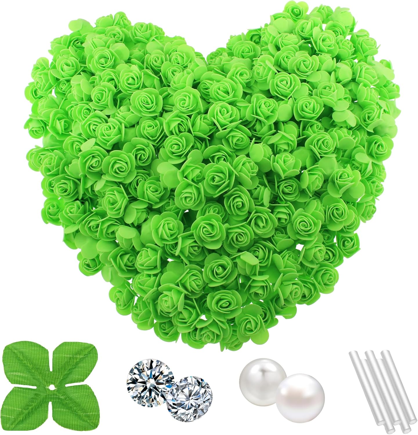500 Pcs 1.4 Inch Mini Artificial Flowers Head Bulk 5 in 1 Set Faux Foam Fake Small Rose Tiny Baby Flores Bouquet Cake Gift Home Decoration DIY Craft (Green)