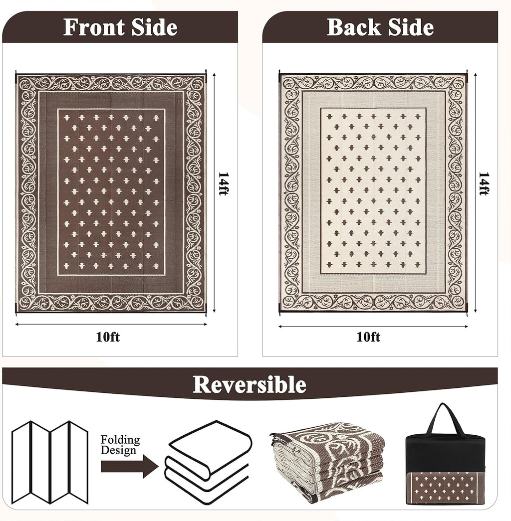 Pauwer Waterproof Outdoor Rug 10x14, Reversible Plastic Straw Patio Camping Rug, Indoor Outdoor RV Mat Carpet for Deck, Camper, Porch, Balcony, Backyard, Picnic, Bordered Brown