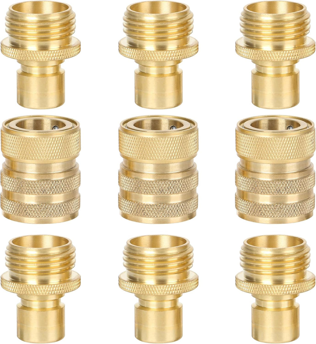 STYDDI Brass Garden Hose Quick Connect Fittings with Water Stop, Solid Brass Hose Quick-Connect Fittings with Auto Shut-off, 3/4 Inch GHT Thread Garden Hose Quick Connector Adapters, 3 Female + 6 Male