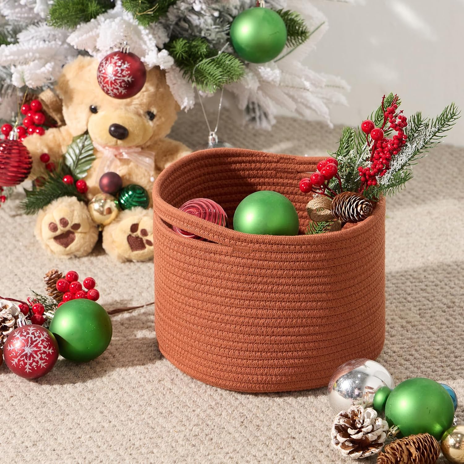 Small Basket for Organizing | Cube Shelf Closet Storage Baskets | 9.7×9.7×7.1” | Woven Rope Gift Basket | Nursery | Round 3 Packs Oxide Red