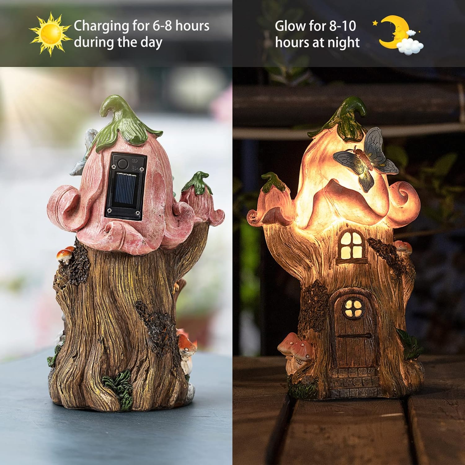 Fairy Garden Accessories Outdoor Statues, Mushroom House Decor,Large Gnome Solar Powered Lights Sculptures,Pink Resin Figurine Butterfly Figurines Lawn Ornaments for Patio Yard Decorations 11Inch