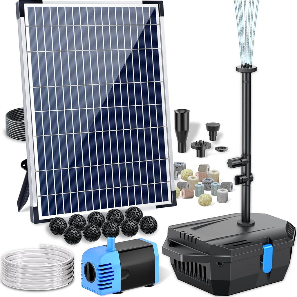 POPOSOAP Pond Filter with 12W Solar Fountain Pump, Solar Pond Filter with 160GPH Pump & Fountain Kit, Outdoor Filter Box with 6.6FT PVC Tubing, Perfect for Ponds Clean, Clear, and Add Water Features