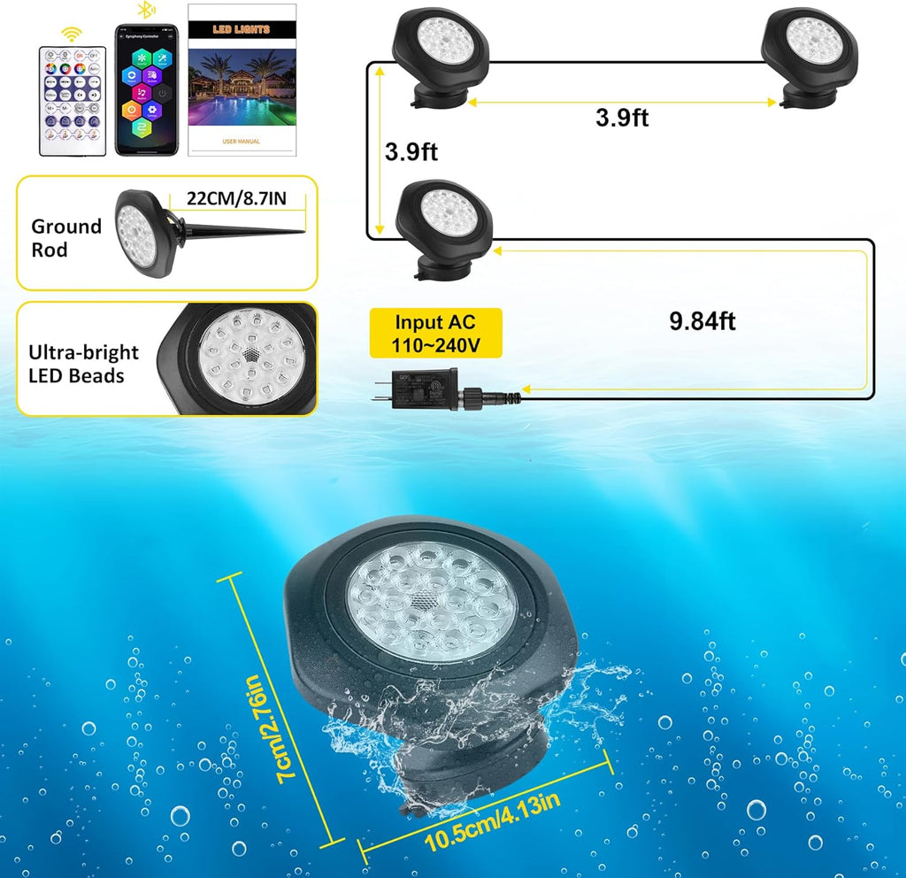 T-SUN Color Changing Submersible Pond Lights with APP and Remote Control, IP68 Waterproof Dimmable Timer Fountain Lights led Underwater for Koi Fish Tank Aquascape Waterfall Landscape(Set of 3)