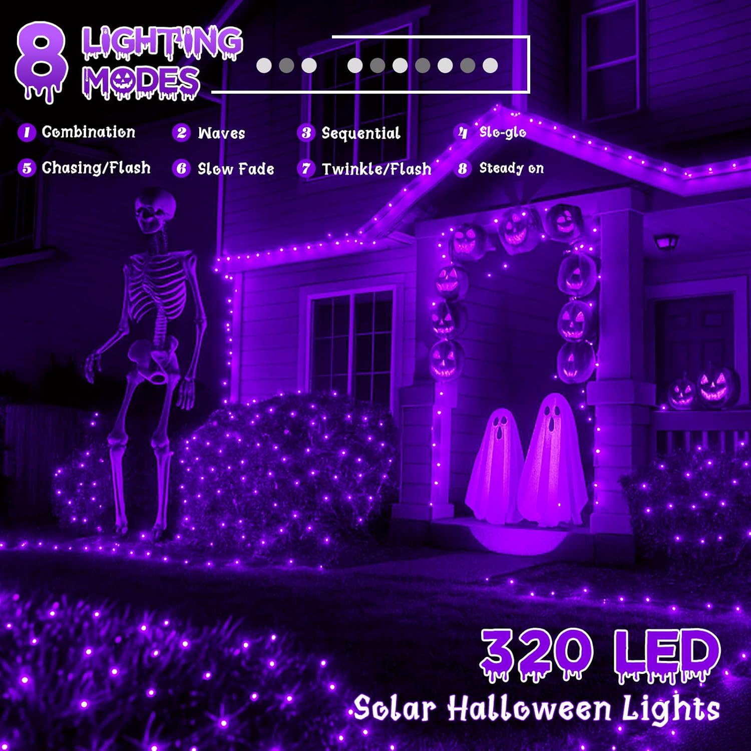 4 Pack Purple Solar Halloween Lights Outdoor Waterproof, 180FT 320 LED Solar String Lights with Green Wire 8 Modes Solar Fairy Twinkle Light for Tree Bush Garden Horror Party Halloween Decorations