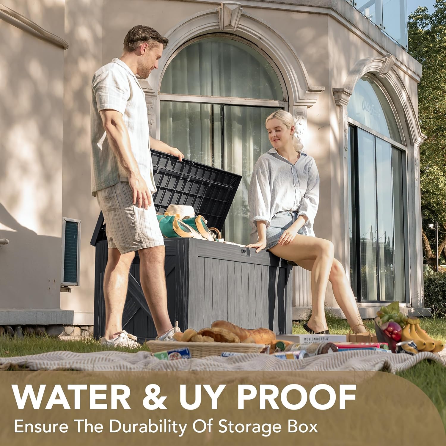 Devoko 120 Gallon Deck Box Resin Outdoor Storage Box Waterproof for Patio, Large Outdoor Storage Bench Lockable for Outside (Grey)