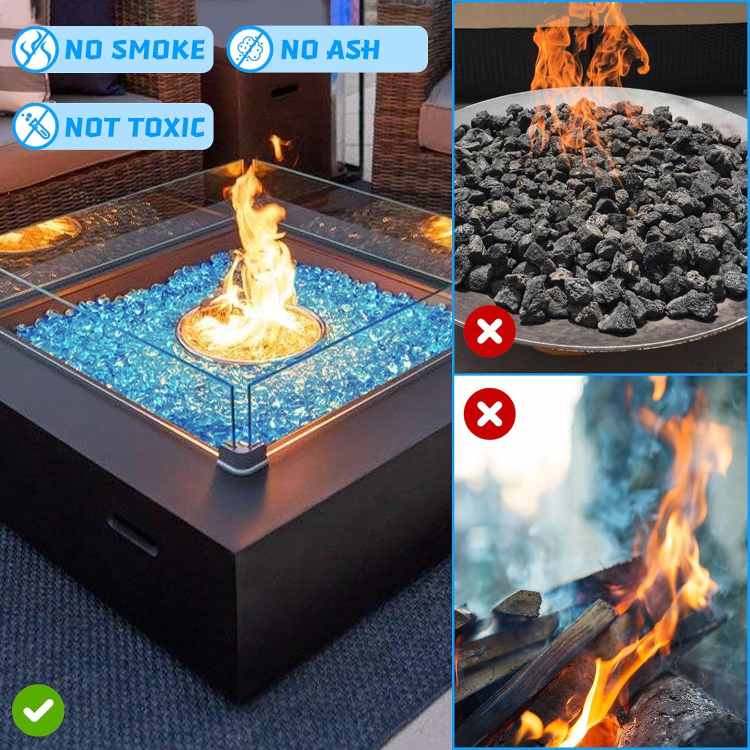 Caribbean Blue Firepit Glass Rocks 20 Pounds, 1 Inch Diamond Fire Stones for Propane Fire Pit, Fireplace and Outdoor Decorative, High Luster Glass Beads