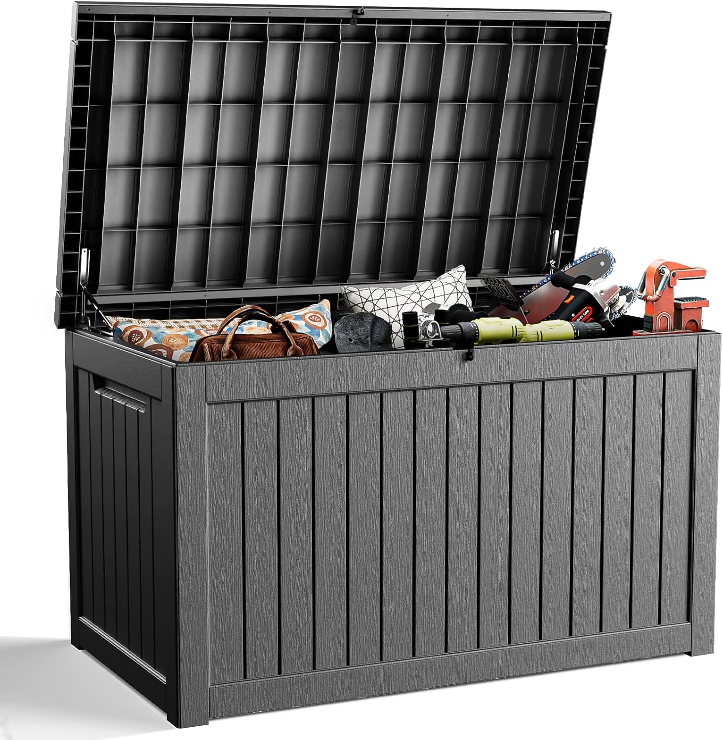 DRATO 230 Gallon Deck Box, Outdoor Large Waterproof Resin Storage Box with Lockable Lid for Patio Cushions, Gardening Tools, Sports Equipment, Black