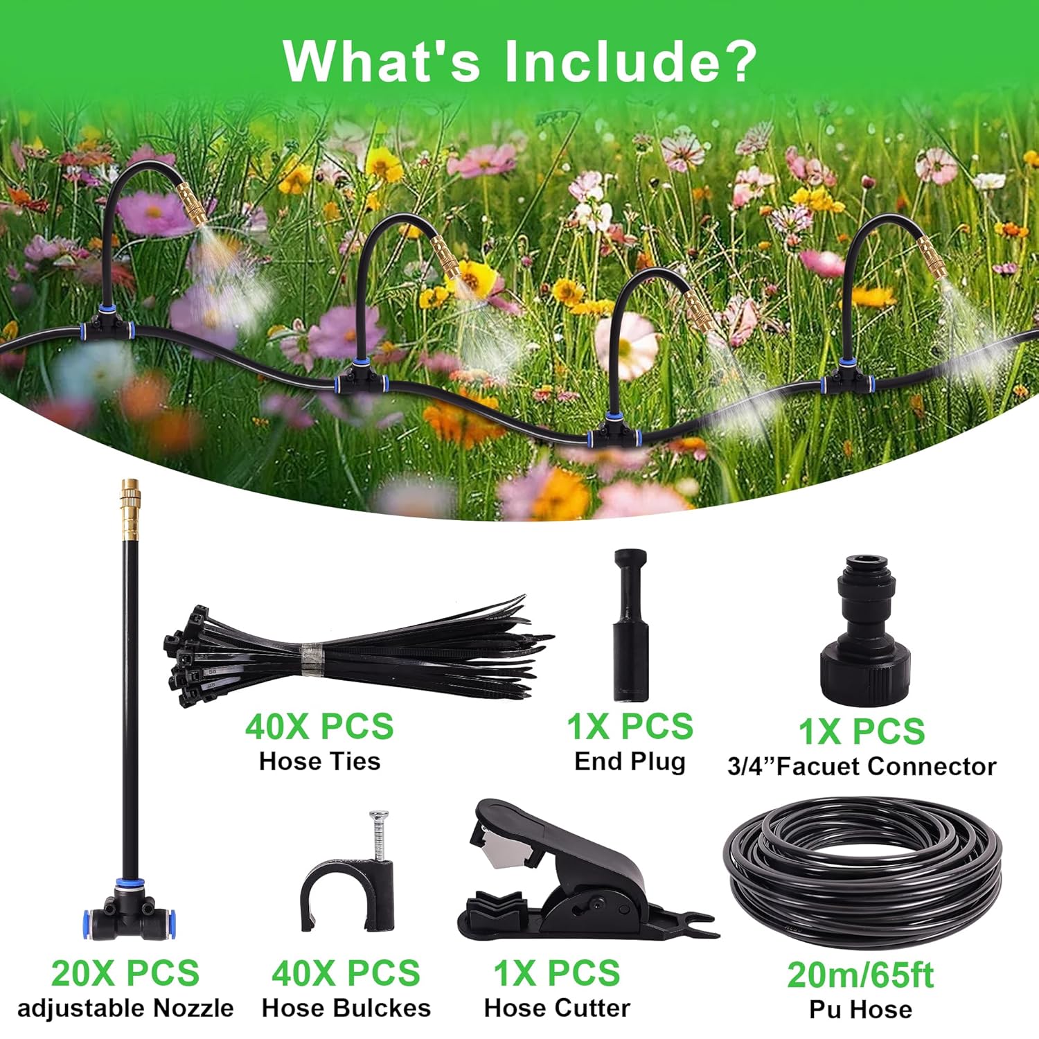 Drip Irrigation Kit, Flexible 360°Adjustable Watering System with Nozzle Control, Misting Hose for Garden, Greenhouse, Lawn, Yard & Potted Plants (65 Feets)