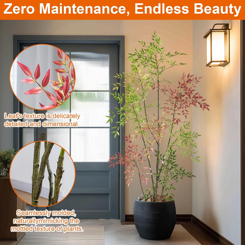 6.5ft Faux Bamboo Tree Artificial Nandina Tree Artificial Indoor Plants Realistic Fake Potted Tree with 800+ Leaves, Cement Planter - Home Office Decor Perfect for Housewarming Gift Non-Toxic