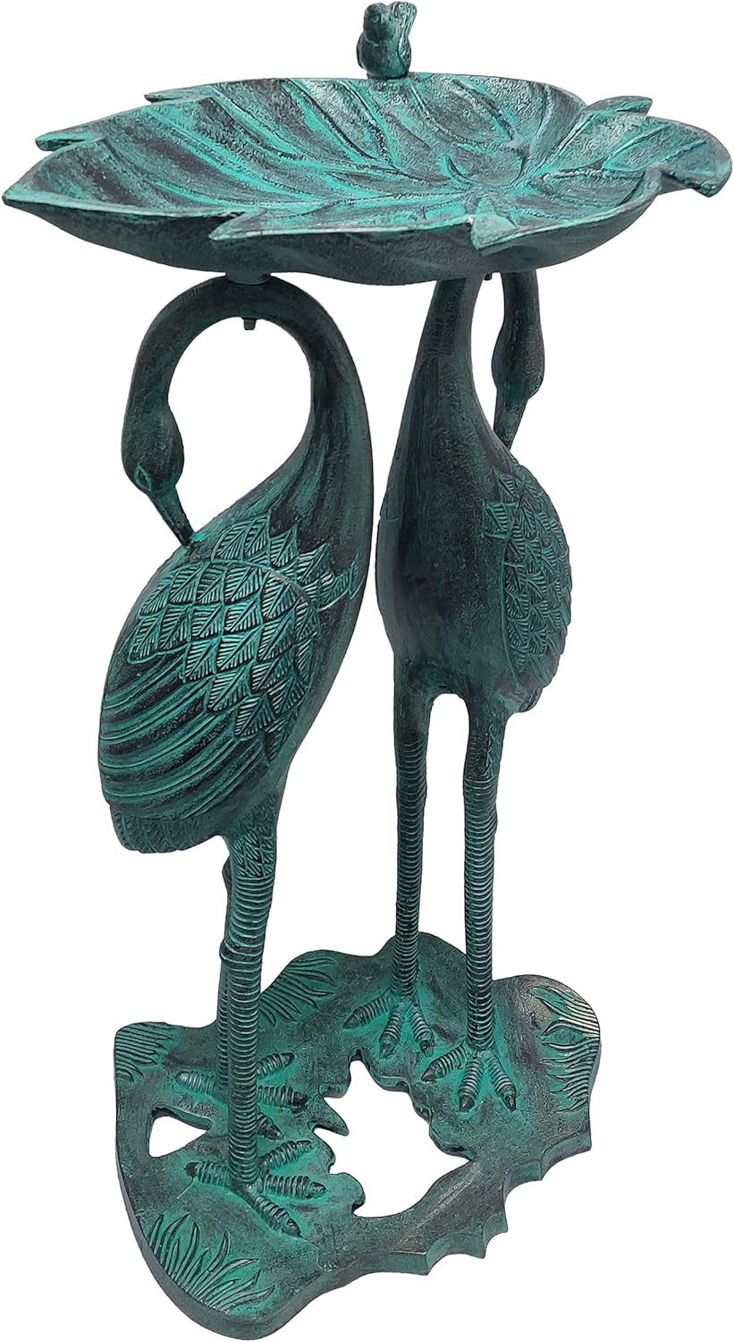 Oakland Living 5608-GBK Cast Aluminum 30-in Twin Crane Black Patina Bird Bath with Leaf Bowl Birdbath