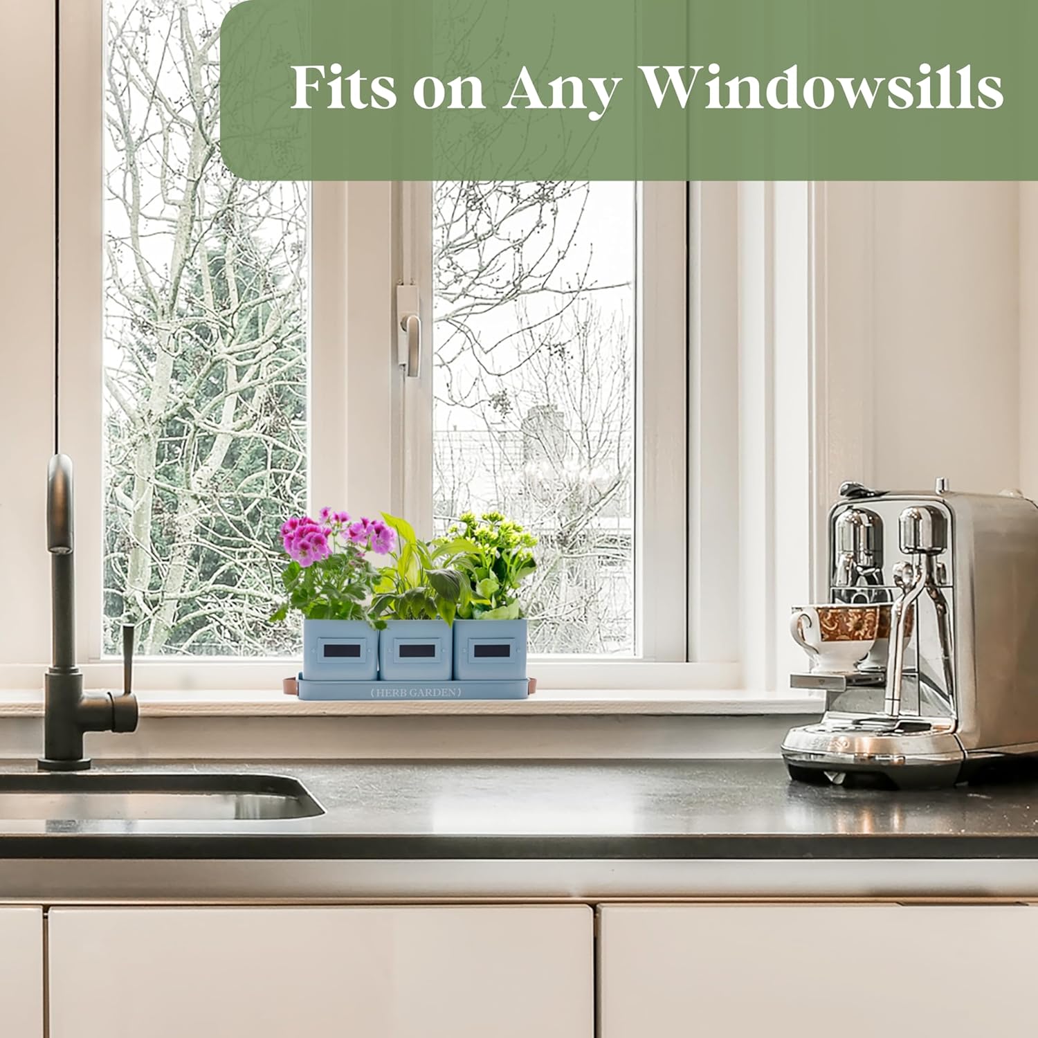 PERFNIQUE Indoor Herb Garden, Herb Garden Planter Set with Tray, Farmhouse Indoor Plant Pots, Windowsill Herb Garden with Drainage(Planter only) for Indoor/Outdoor, Window Pots(Sky Blue)