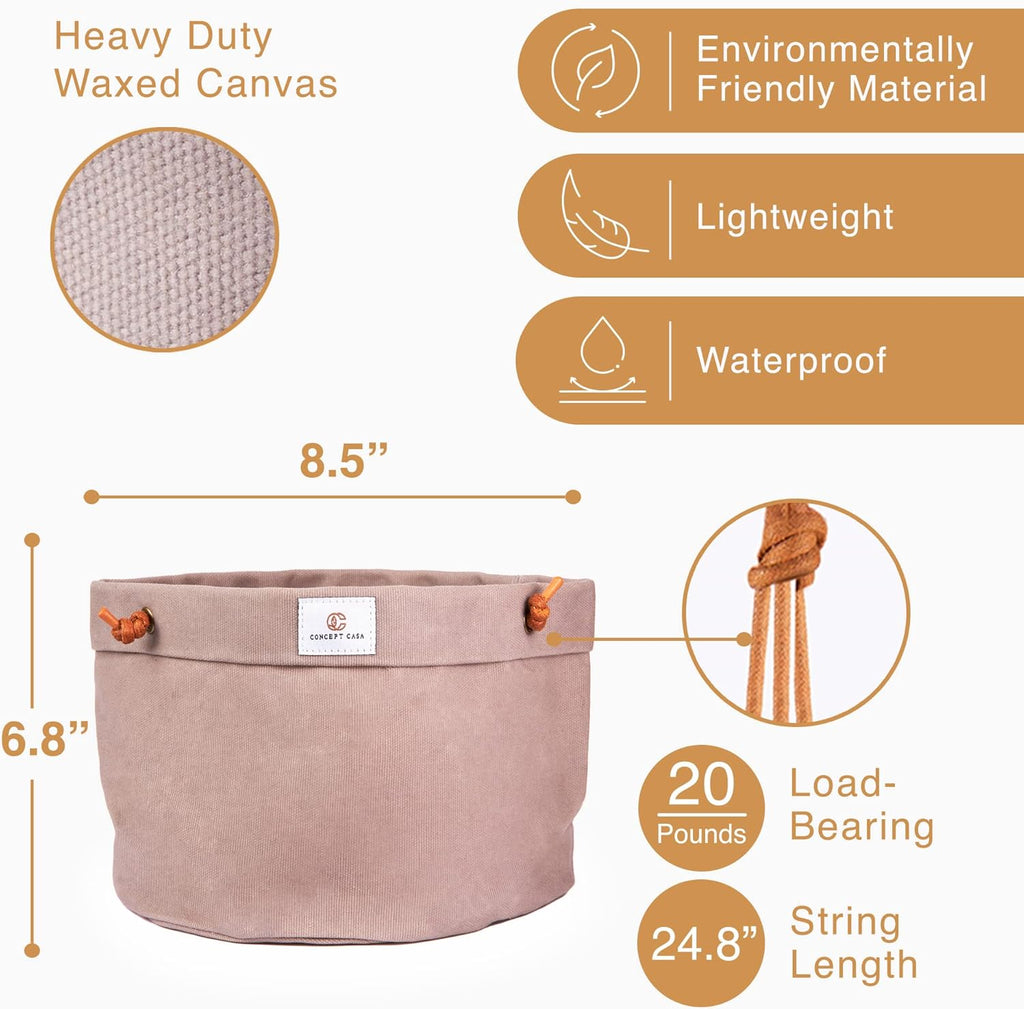 Large Waxed Canvas Handmade Hanging Planter for Indoor/Outdoor Plants, Hanging Basket Plant Holder Stone Gray with Hook