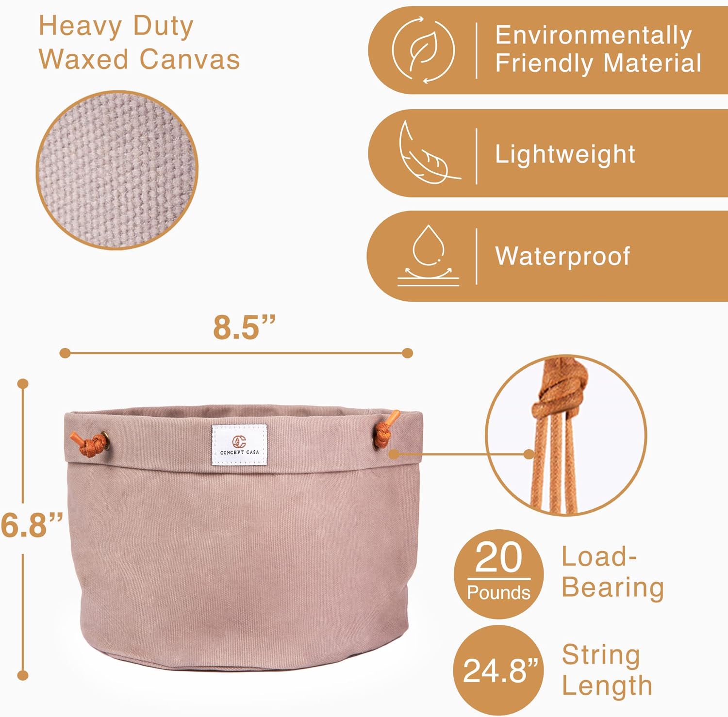 Large Waxed Canvas Handmade Hanging Planter for Indoor/Outdoor Plants, Hanging Basket Plant Holder Stone Gray with Hook