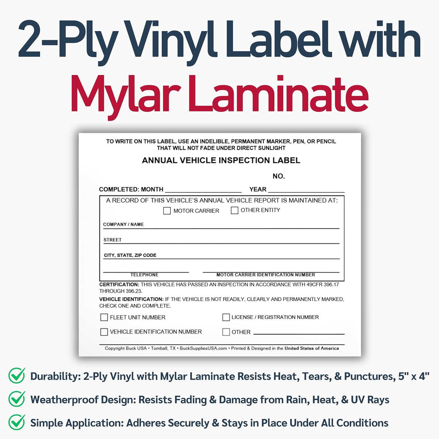 10 Pack 3-Ply Carbonless Annual Vehicle Inspection Report Forms with FMCSA 2-Ply Mylar Laminate Adhesive Vinyl Labels, DOT Inspection Forms and Stickers, Shrink-Wrapped, 8.5" x 11.75" - Made in USA