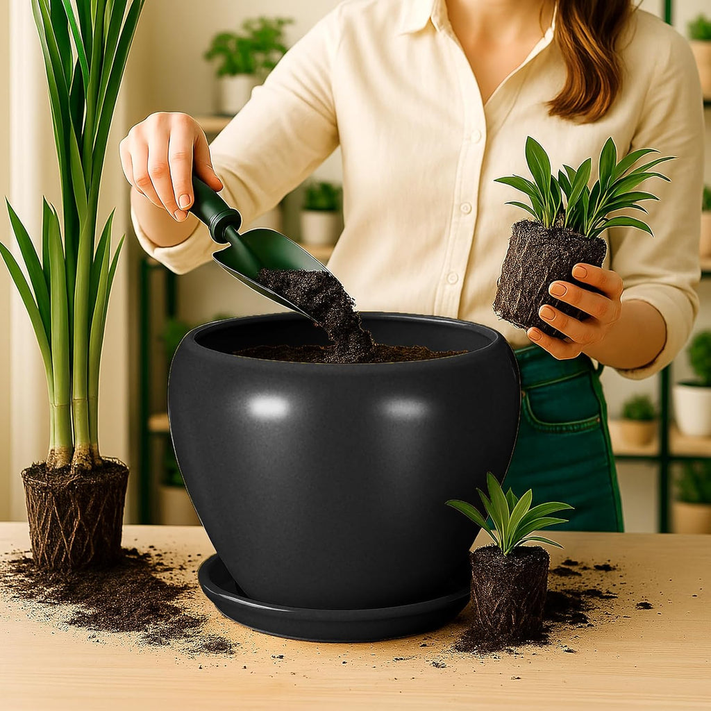 Deep Dream 10 Inch Plant Pot- Ceramic Planter Pot Round Plant Pots for Indoor Plants Outdoor Large Flower Pot with Drainage Holes & Trays, Black
