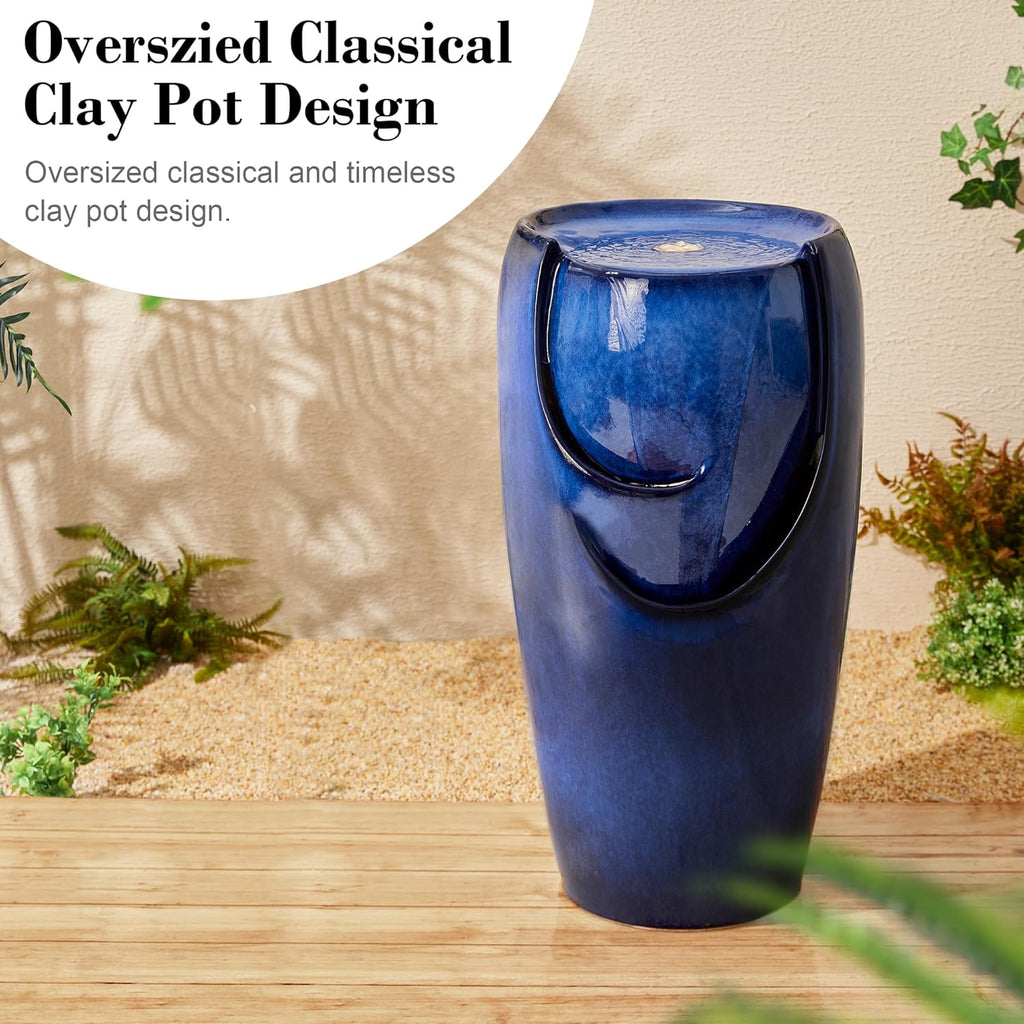 Glitzhome 29.25" H Oversized Ceramic Vase Outdoor Water Fountain Tall Patio Garden Water Fountain with LED Light and Submersible Pump Yard Art Decor, Cobalt Blue
