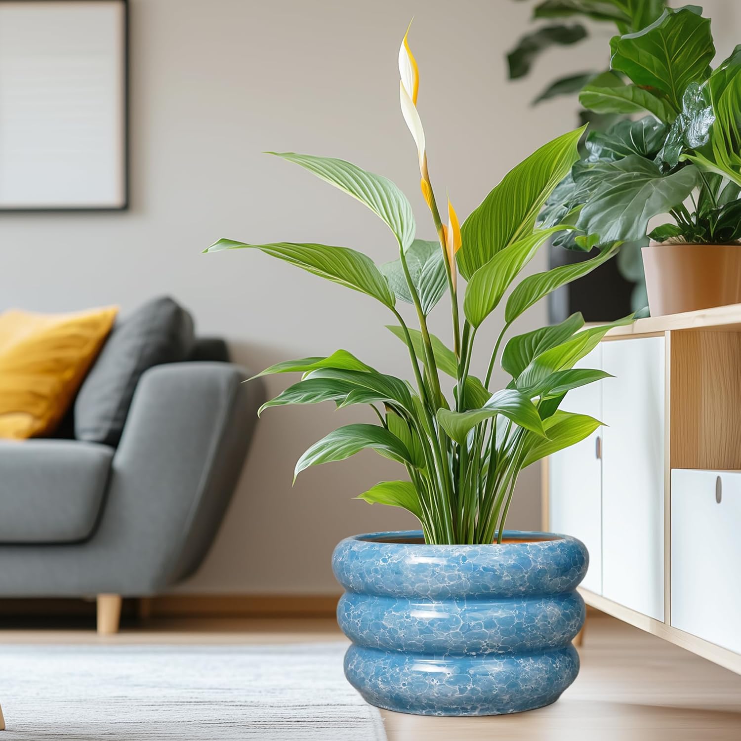 SQOWL Ceramic Plant Pot Indoor with Drainage Hole 13.5 Inch - Large Outdoor Planter Ceramic Flower Pot Modern Round Planter Decorative Plant Pot for Outdoor Porch Decor Blue