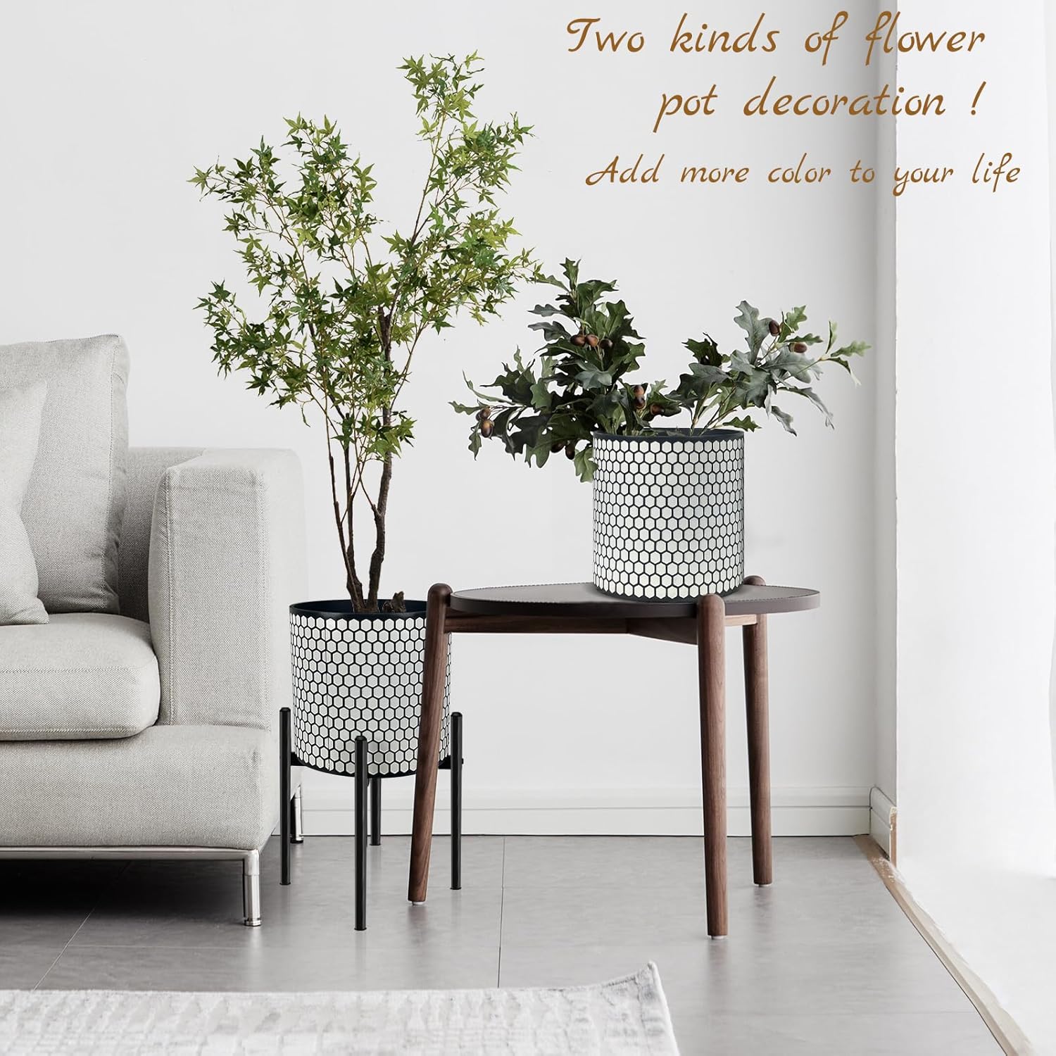 12 Inch Flower Pot Without Bracket with Drainage Holes Suitable for Indoor and Outdoor Decorative Planting (Black White Hexagon, 12 Inches)