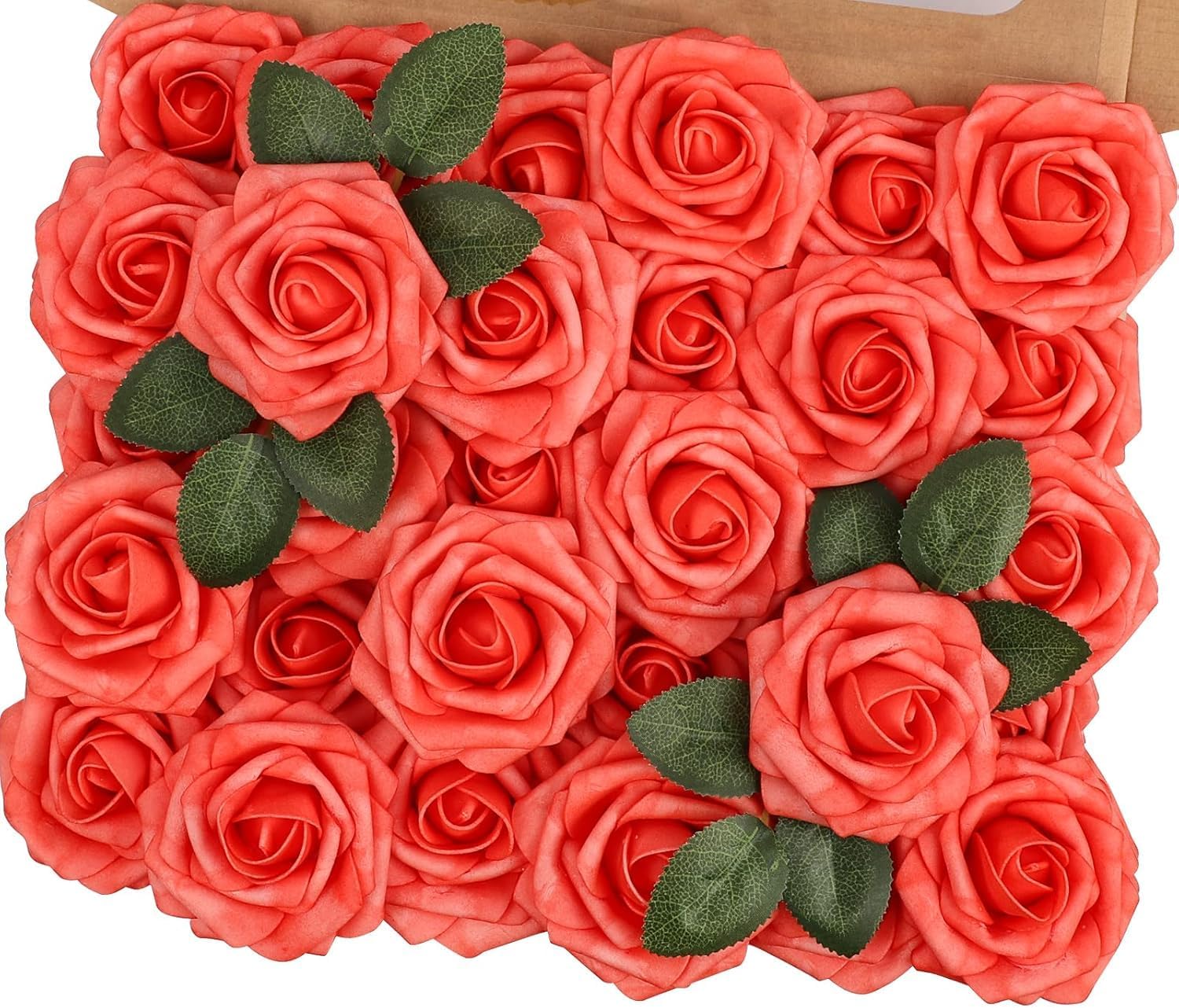N&T NIETING Artificial Flowers 25pcs Real Looking Coral Foam Fake Roses with Stems for DIY Wedding Bouquets Bridal Shower Centerpieces Floral Arrangements Party Tables Home Decorations
