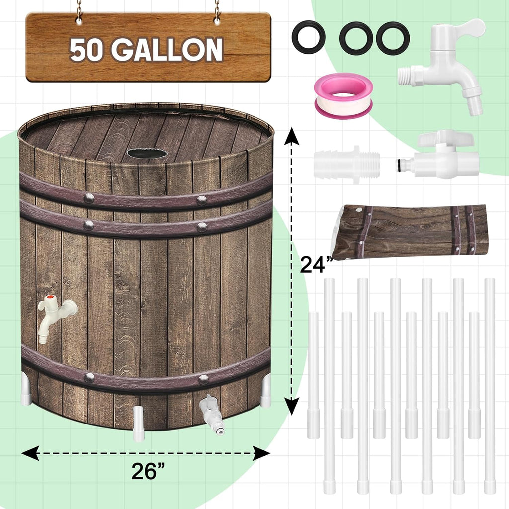 Collapsible Rain Barrels, 50 Gallon Rain Water Collection Barrel, Rain Catcher Barrels to Collect Rainwater from Gutter, Leak-Proof Design, Woodgrain