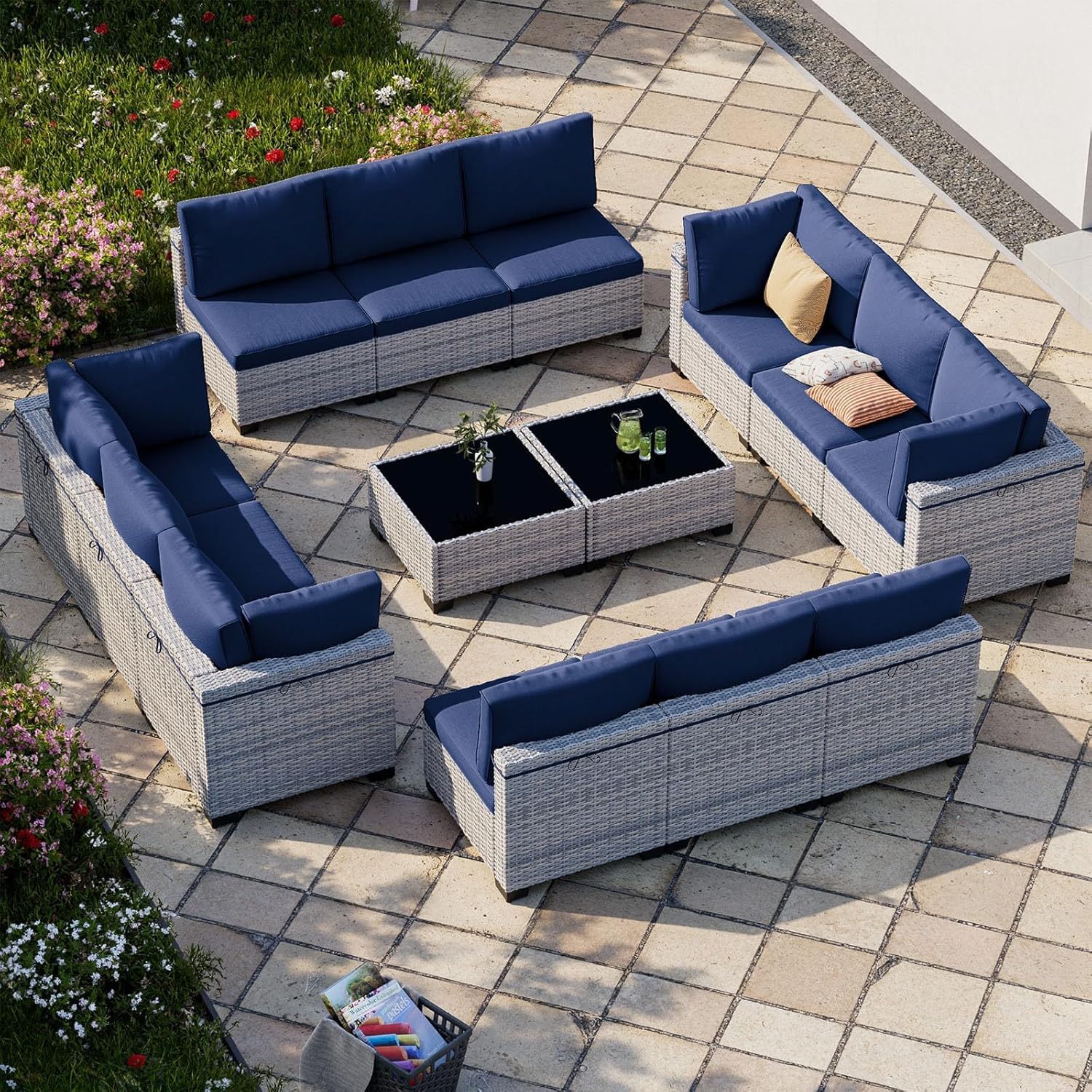 14-Piece Patio Furniture Set, Outdoor Sectional with Thick Cushions, Modular Patio Sofa, Dual-Strand Wicker Rattan, Rust-Resistant Frame, Backyard Furniture for Garden, Deck, Navy Blue
