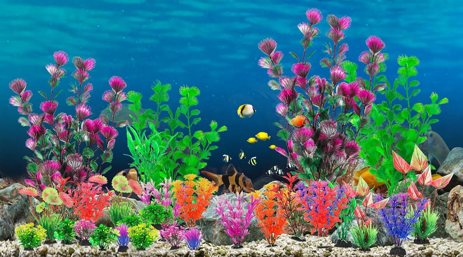 CousDUoBe 30Pcs Aquarium Plants, Fish Tank Accessories Artificial Aquatic Plants,Full Set of Fish Tank Decorations, Various Sizes