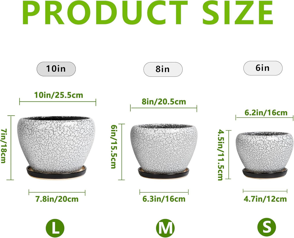 Ceramic Plant Pots Set of 3, 10+8+6 Inch Modern Round Flower Planters with Drainage Holes and Plant Saucers for Indoor Outdoor, Home Garden Room Porch Decor, Plant Lover Gifts, White-Black