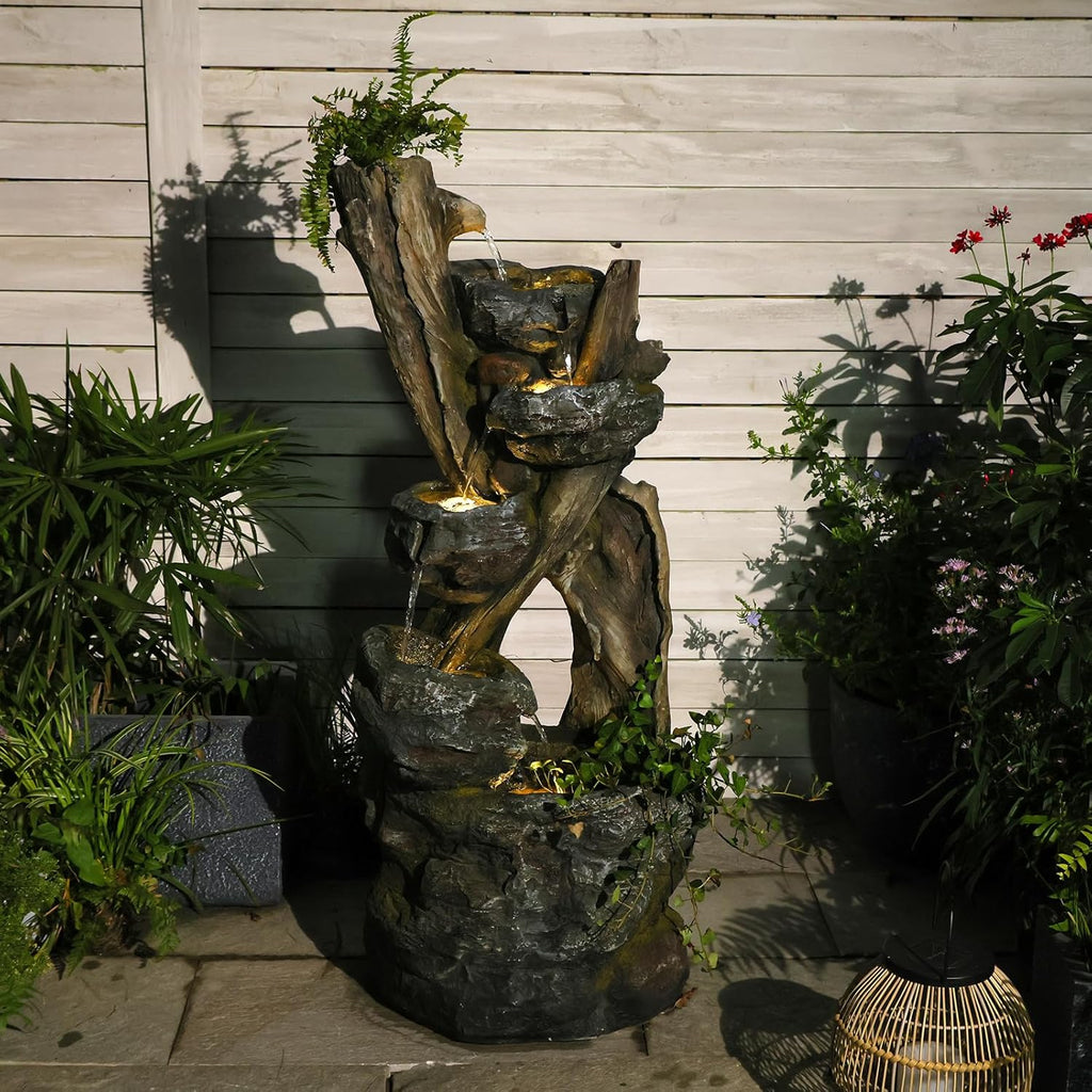Outdoor Cascading Water Fountain Garden, 43.7'' Resin Tree Trunk & Rock Design Garden Waterfall Feature with LED Lights for Patio, Porch, Backyard and Home Decor, Gift