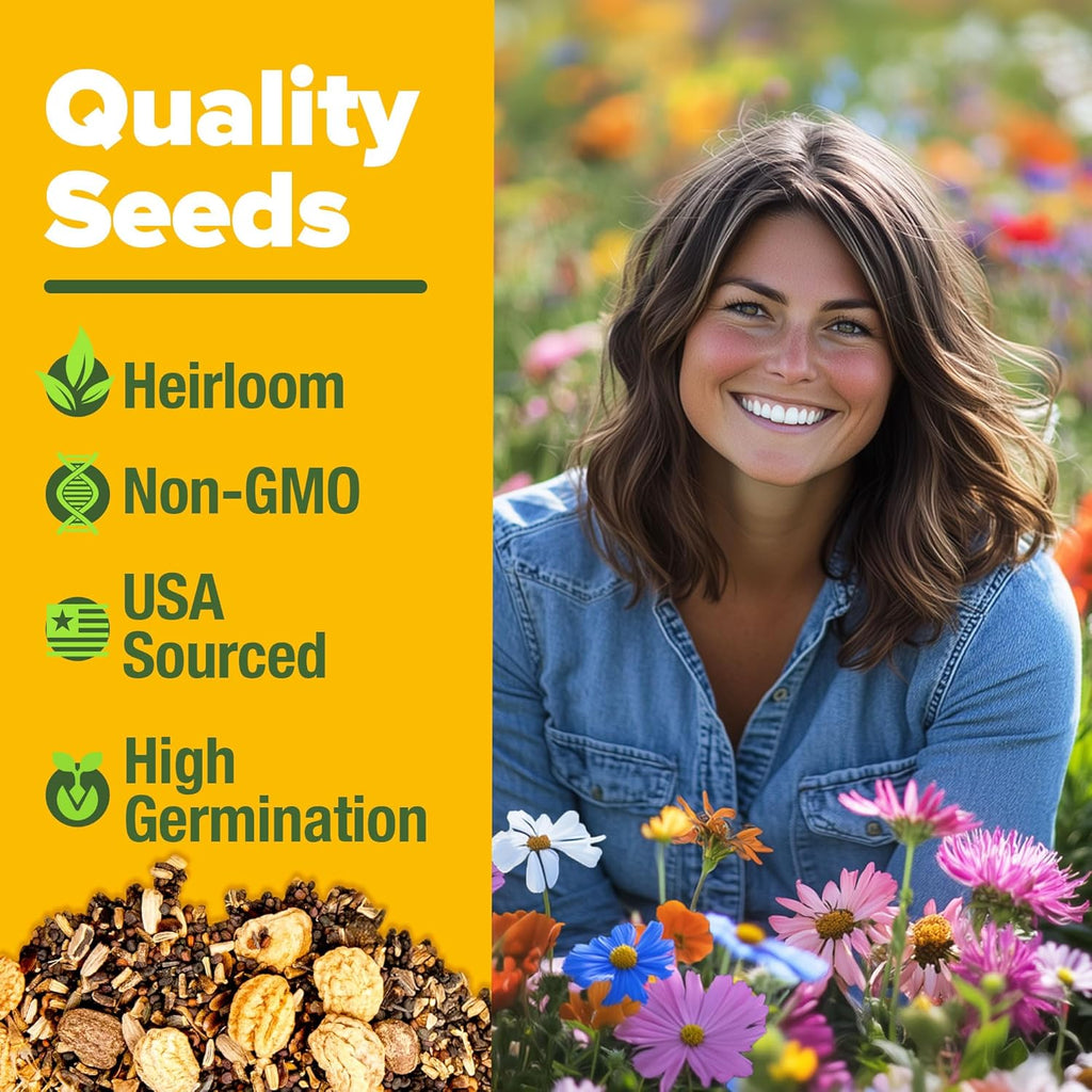 HOME GROWN Premium Wildflower Seeds 89,000+ Count - 23 Non-GMO USA Native Varieties for Bees, Butterflies & Birds - Perennial Wildflower Seed Mix Bulk 2oz - for Full Sun & Shade Gardens