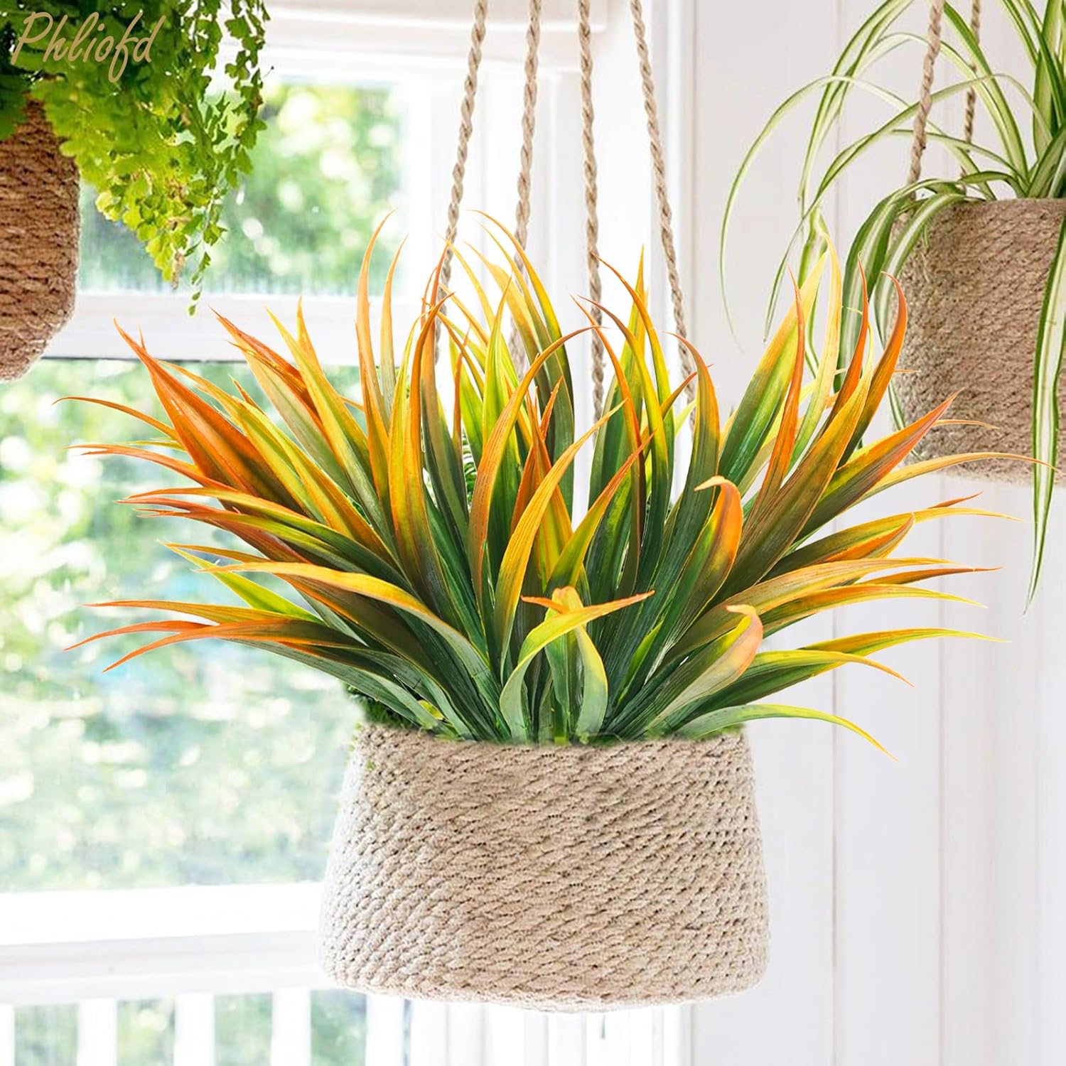 6Pcs Artificial Grass Fake Plants 17.3in Outdoor Plastic Plants UV Resistant Greenery Fake Grass for Home Window Garden Office Patio Hanging Planter Pathway Front Porch Décor Orange Yellow