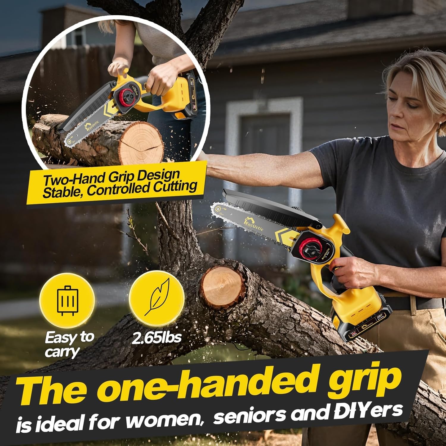 Mini Chainsaw Cordless 6-Inch, 21V Small Chainsaw with 2 Battery Handheld Electric Chain saw–Lightweight&Safe for Wood Cutting, Tree Trimming, Home, Garden, DIY, Best Gifts for Dad, Women (yellow)