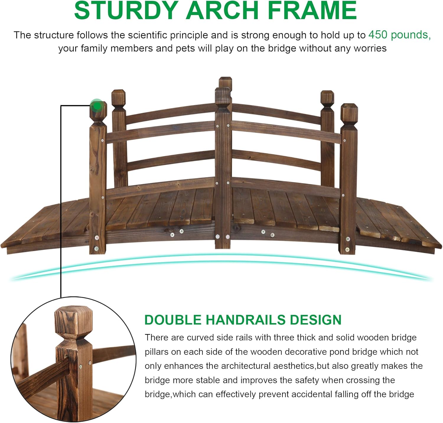 5FT Wooden Garden Bridge Arch Stained Finish Footbridge Decorative Backyard Bridge with Double Safety Railings Outdoor Lawn Pond Bridge Walkway for Garden Yard Patio Courtyard Farm Stream Creek