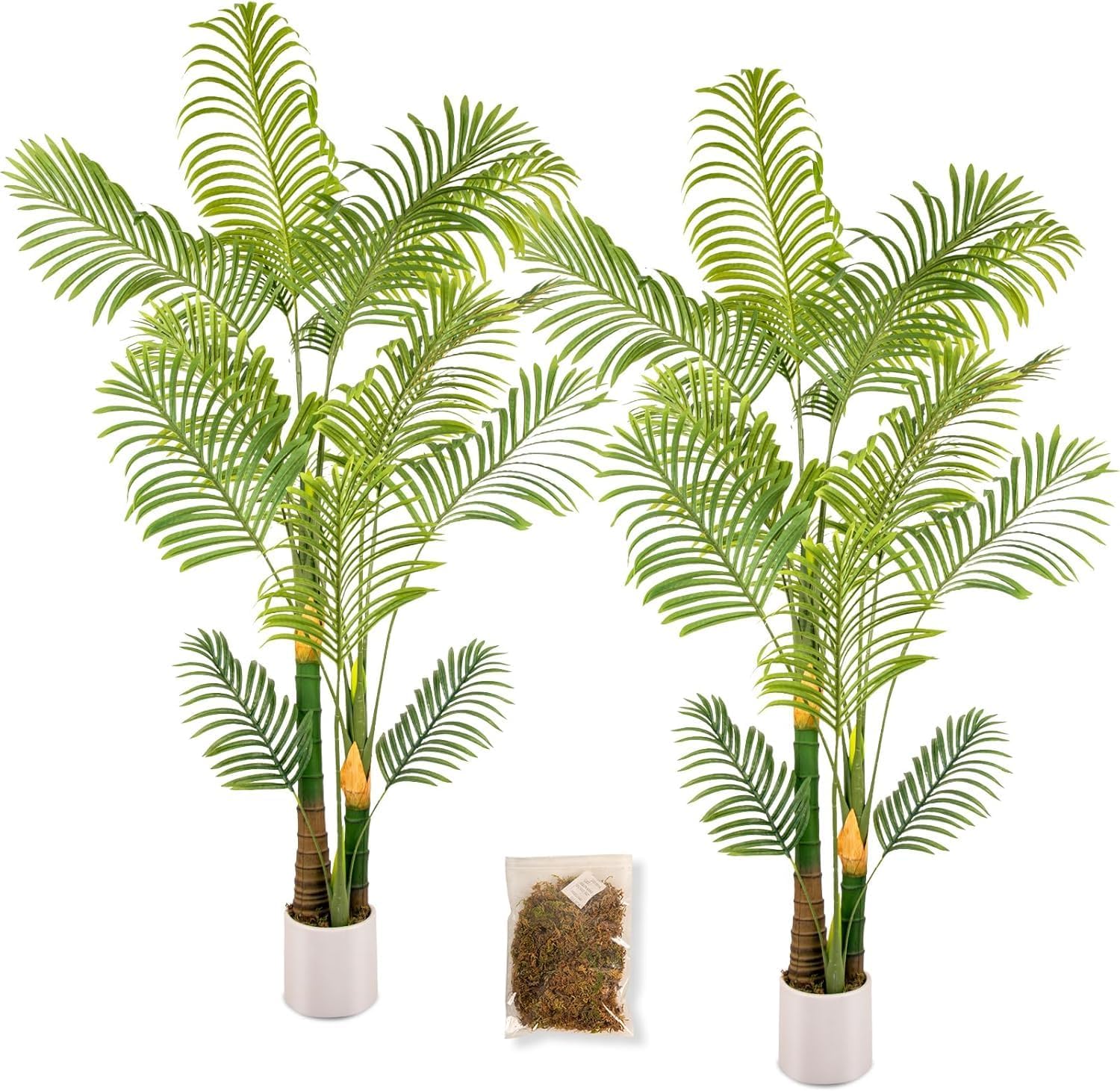 Artificial Fake Palm Tree 6FT 2Pack with White Planter & Free Moss, UV Resistant Artificial Palm Tree for Outdoors, Fake Plants for Poolside Home Room Decor, Faux Plants Outdoor Decor