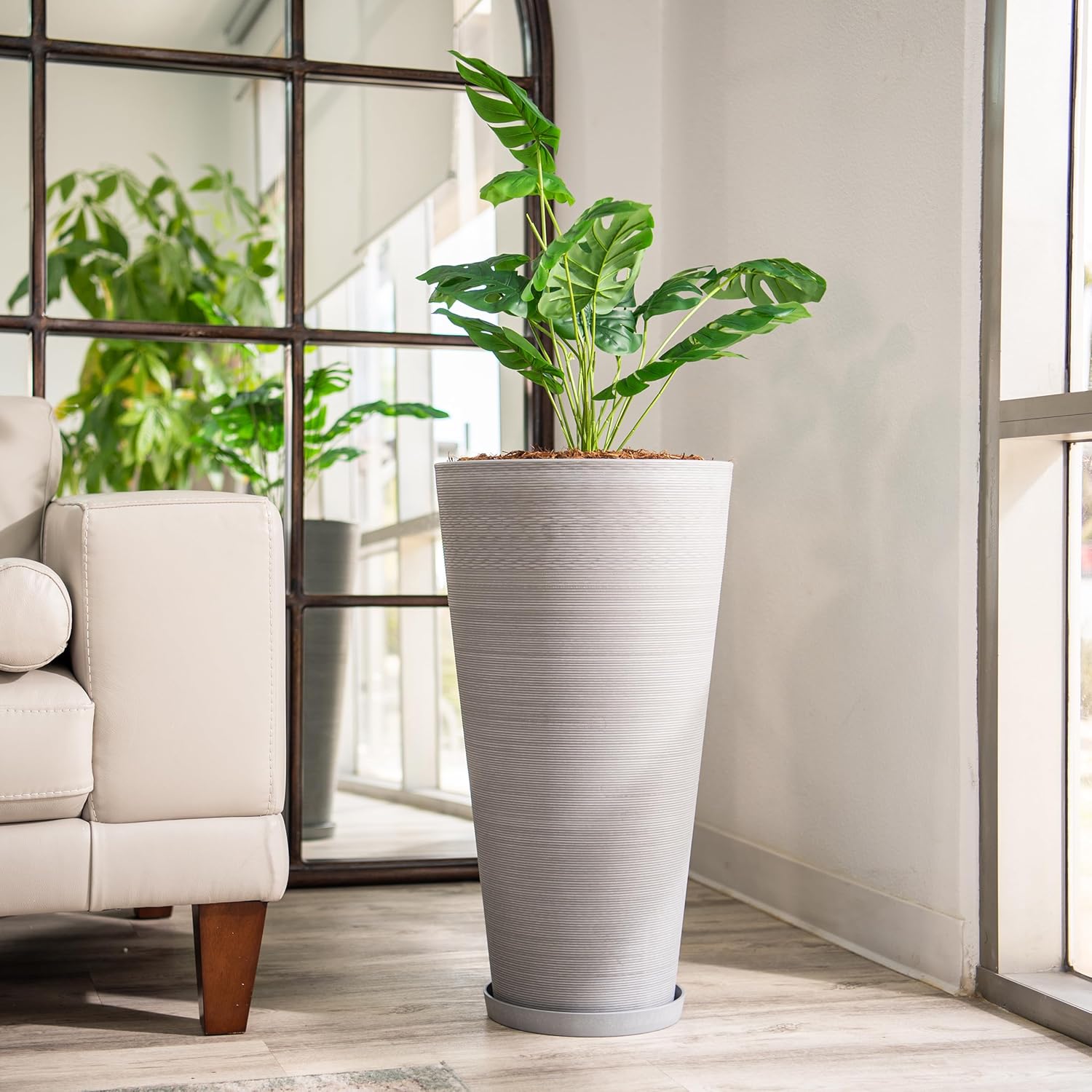 XBrand Modern 28-Inch Tall Round Planter, Modern Tapered Planter Perfect for Indoor & Outdoor Planter, Patio Décor, Gray