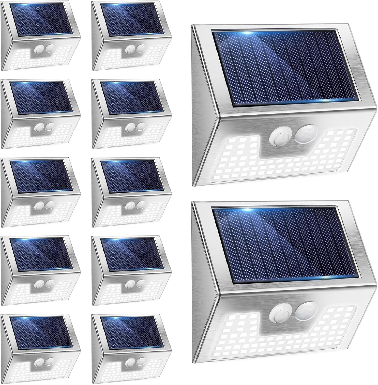 Vighrep 12-Pack Solar Motion Lights - Outdoor, Brushed Nickel, Bright Cold White, Waterproof LED Fence Lights Wireless for Wall, Yard, Steps, Stairs, Garden