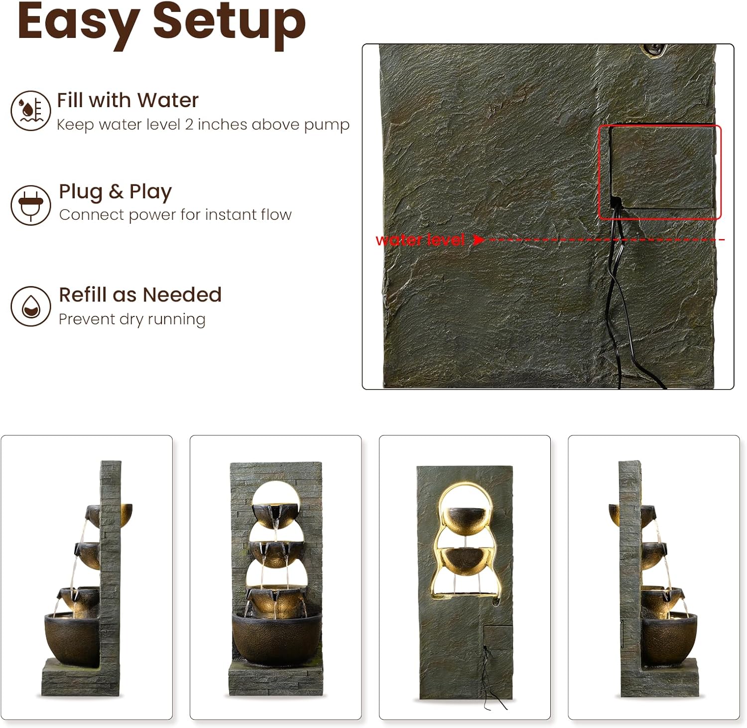 43" H Water Fountain Outdoor Garden - Large Waterfall Tiered Freestanding Cascade Bowl Fountains with LED Strips for Patio Backyard Deck Porch Home Decor, Brown