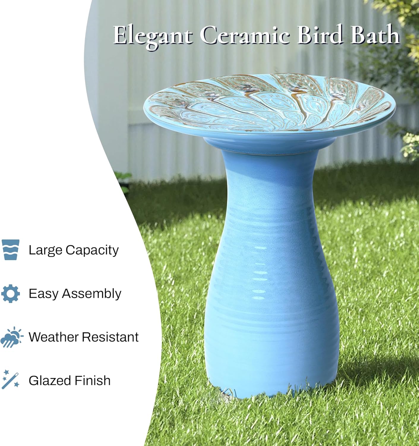 LuxenHome 20 Inch Ceramic Bird Bath for Outside, Elegant Tall Outdoor Bird Bath, Lightweight Pedestal Glazed Birdbaths for Outdoors with Leaf Pattern, Sky Blue